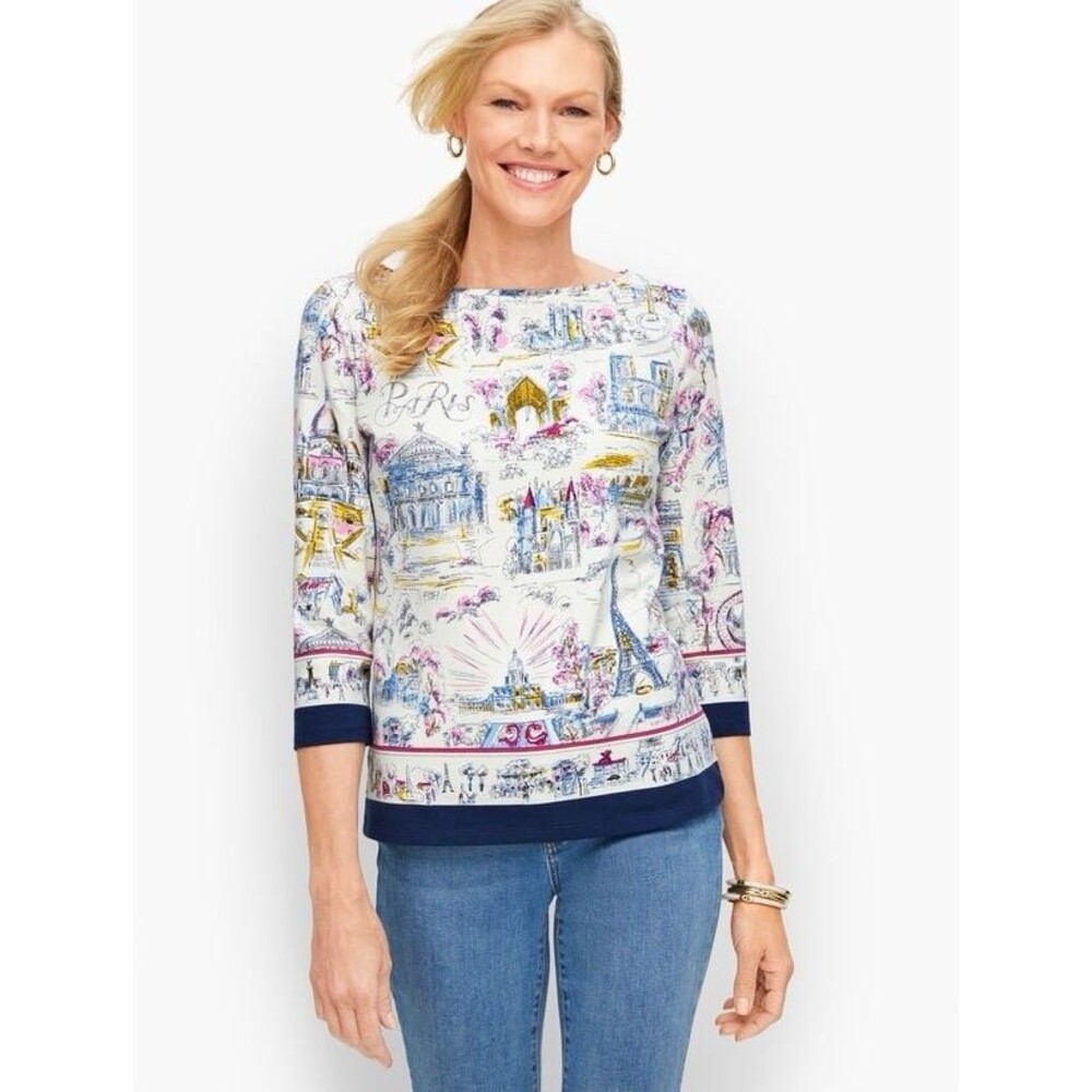 Talbots Women’s Unique Tshirt Paris Themed Spelled Out 3/4 Sleeved PM Colorful